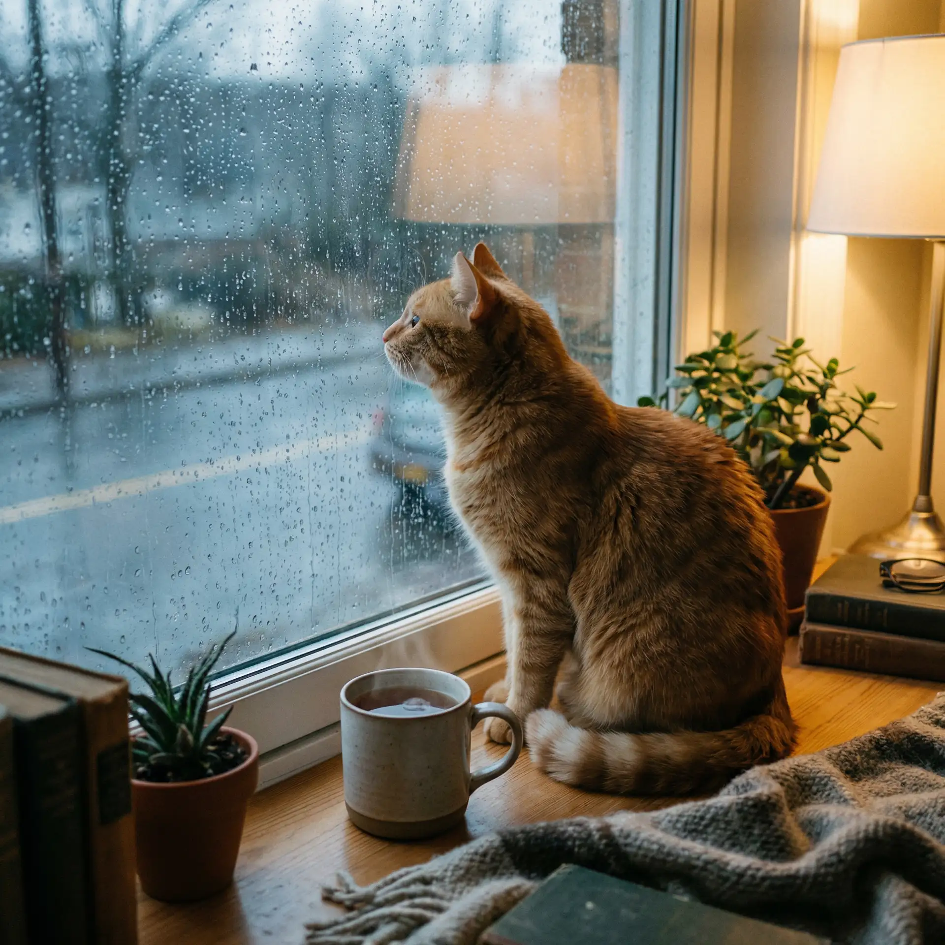 猫咪望着窗外的雨 - 希望之花